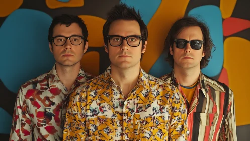 Three men in patterned shirts stand against abstract wall
