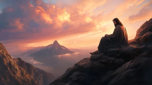 Solitary figure in prayer gazes over sunlit mountain valley