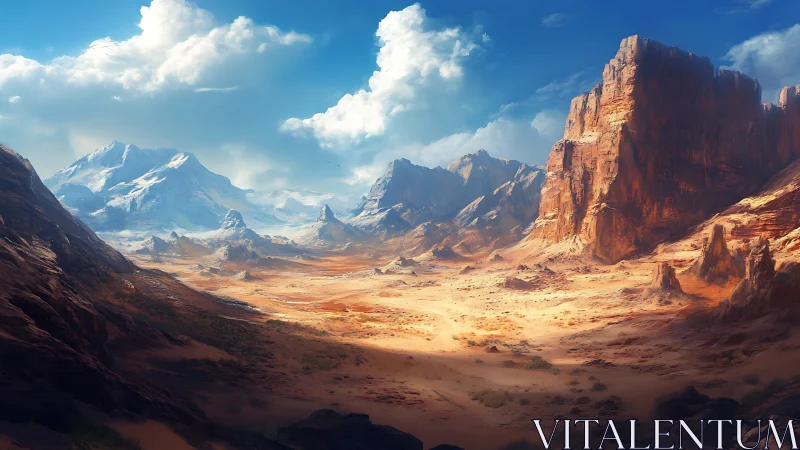 Sunlit desert canyon meets distant snowy mountain peaks.