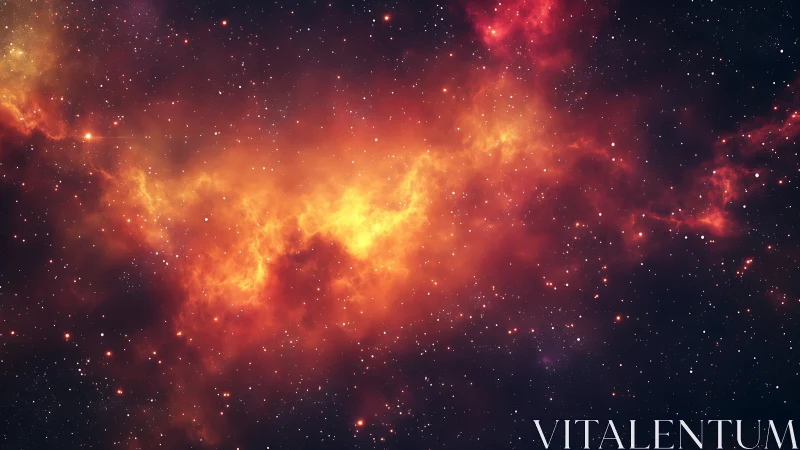 Fiery nebula drifts across a calm, star filled cosmic night