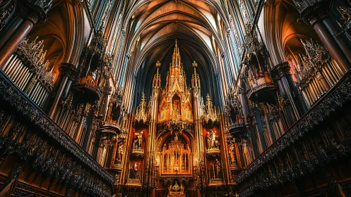 Golden cathedral altar glows warmly beneath soaring arches