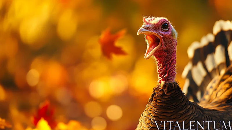 Autumn sunlight catches a wild turkey calling into golden air