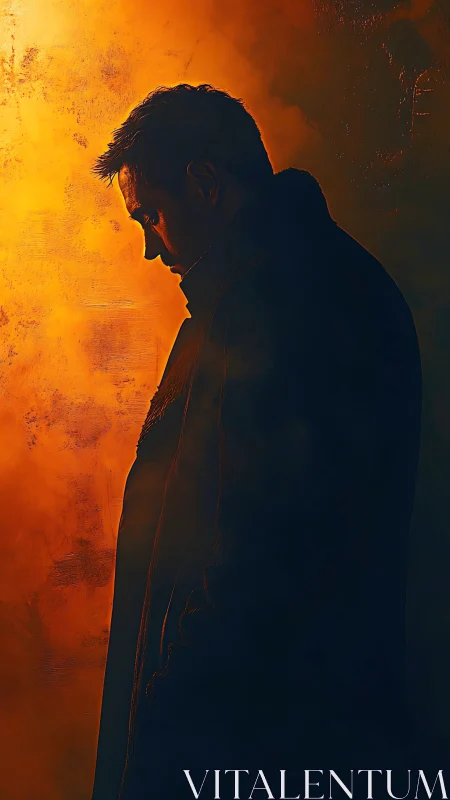 Solitary man in shadow leans into a wall of burning light