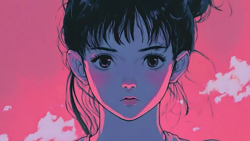 Neon-lit anime portrait with cyan contours and pink sky.