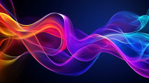 Chromatic light waves form layered translucent ribbons over deep blue