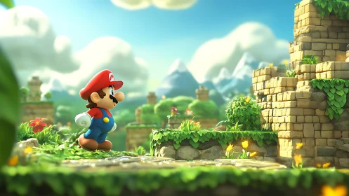 Sunny Mario stroll explores a lush, whimsical stone ruin