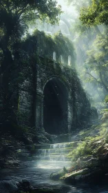 Ancient mossy gate stands above misty forest waterfall.