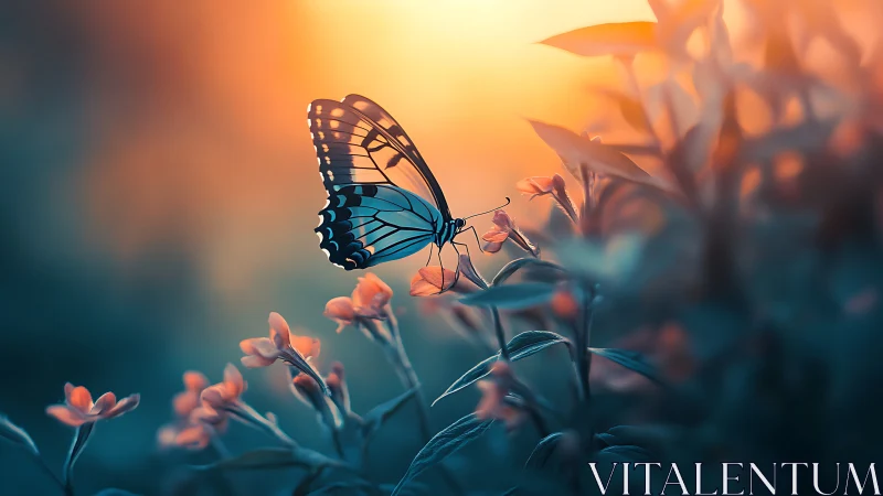 Butterfly in dusk bloom with cinematic bokeh glow.
