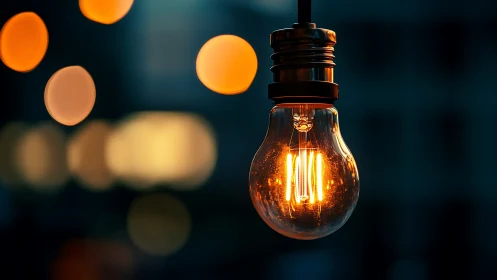 Incandescent bulb close-up with glowing filaments and bokeh orbs
