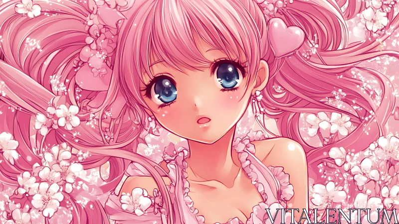 Pink haired anime girl drifts in dreamy blossom filled glow