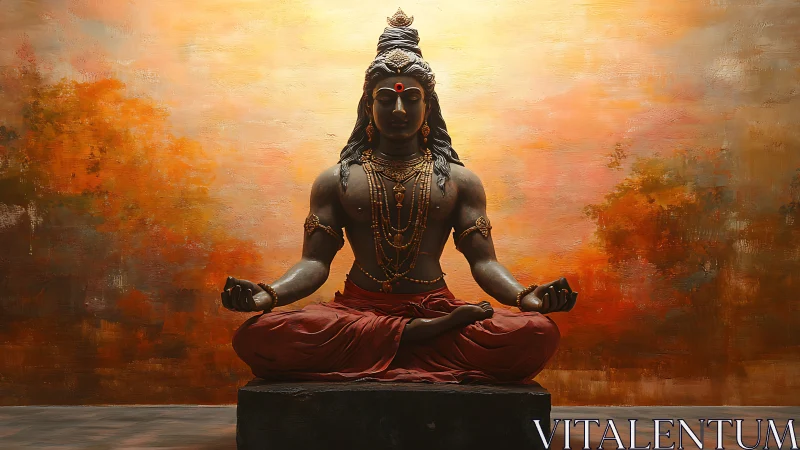 Meditative deity statue with warm abstract backdrop.