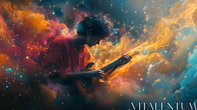 Cosmic guitarist immersed in swirling nebulae of sound.