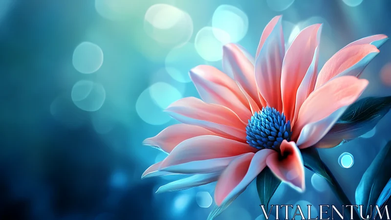 Pink flower with blue center against bokeh blue background