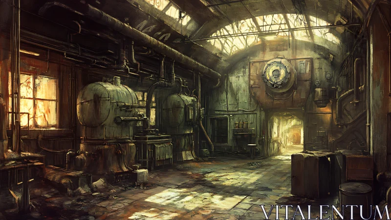 Abandoned industrial boiler hall under fractured skylight.