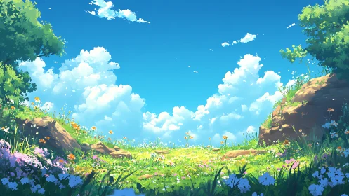 Sunlit wildflower meadow under vivid summer sky. Period.