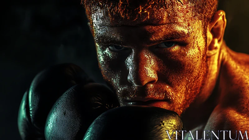 Boxer in Golden and Turquoise Lighting with Boxing Gloves.