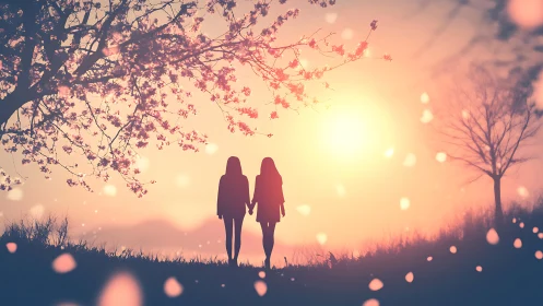 Sunset petal promenade with two dream-soft silhouettes.