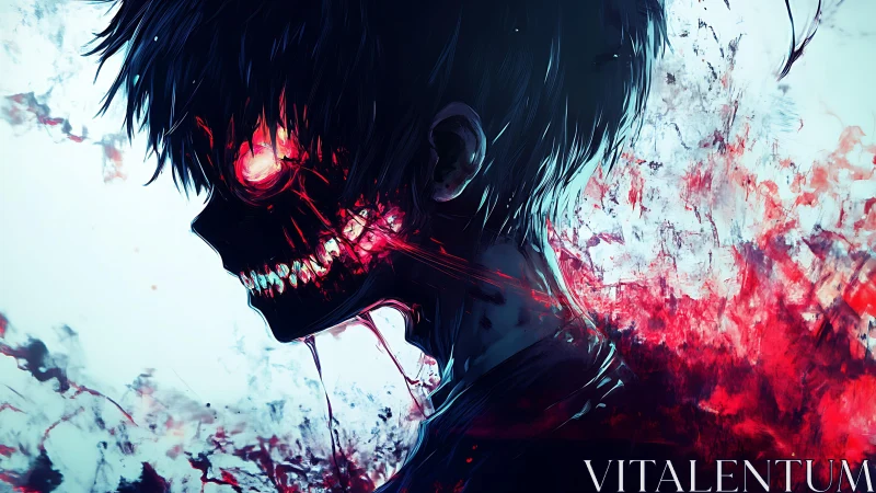 Tormented half-ghoul portrait in explosive neon crimson haze.