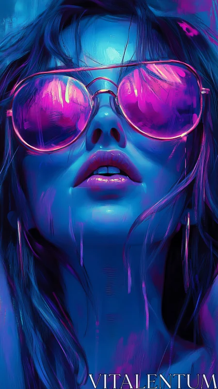 Close-up neon portrait shows woman in reflective sunglasses