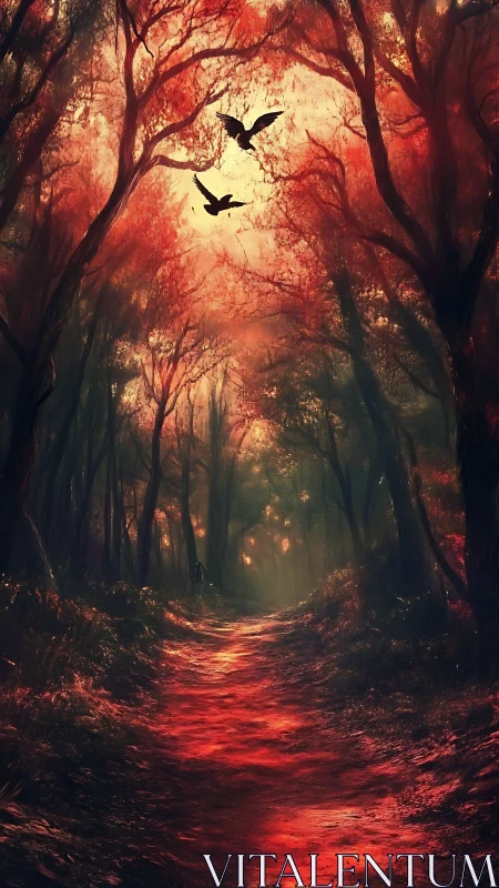 Crimson Forest Path with Birds in Flight and Glowing Atmosphere