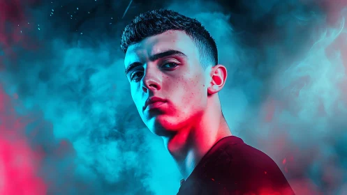 Neon glow portrait in bold red and blue cinematic light.