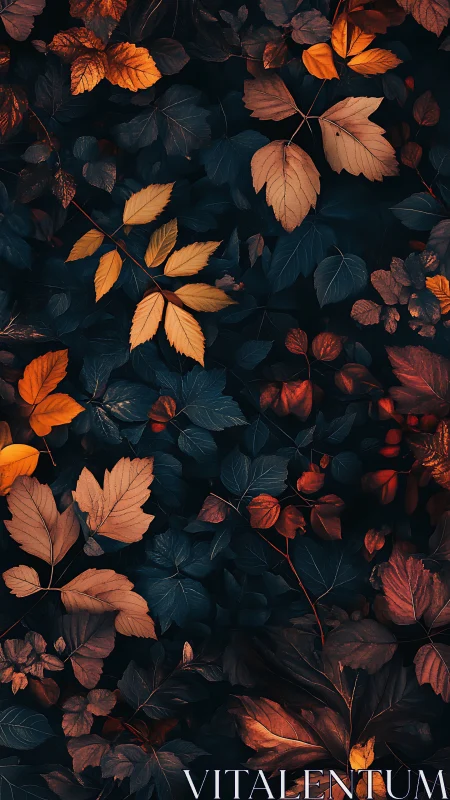 Autumn foliage pattern in dark teal and burnt orange tones.