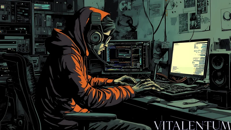 Late-night coder in a neon-lit digital hideout, deep focused.