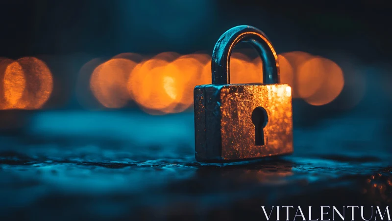 Rusted Padlock with Warm Glow: Cyberpunk Security Concept.