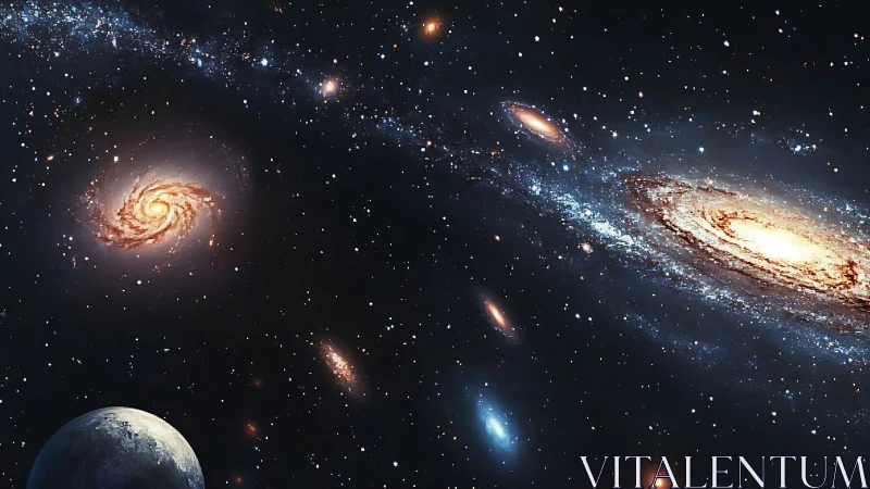 Spiral galaxies, dwarf companions and cratered planet in deep space.