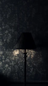 Black floor lamp stands against dark textured wall surface