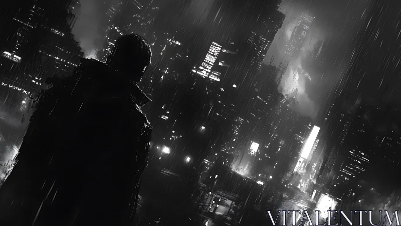 Lone silhouette surveys rain-soaked cyberpunk cityscape at night.