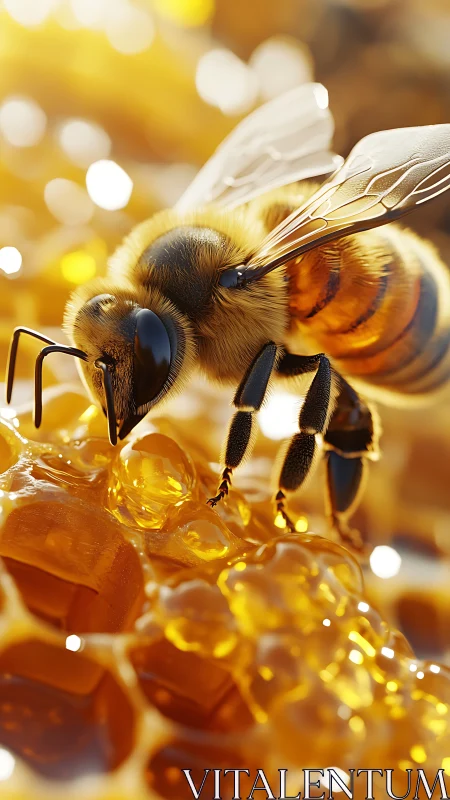 Honeybee rests on wax comb surface amid viscous honey