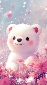 White cartoon bear in pink flower field under soft sky.