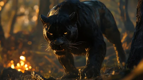 Black Panther Prowling Through Woodland with Volumetric Golden Backlighting