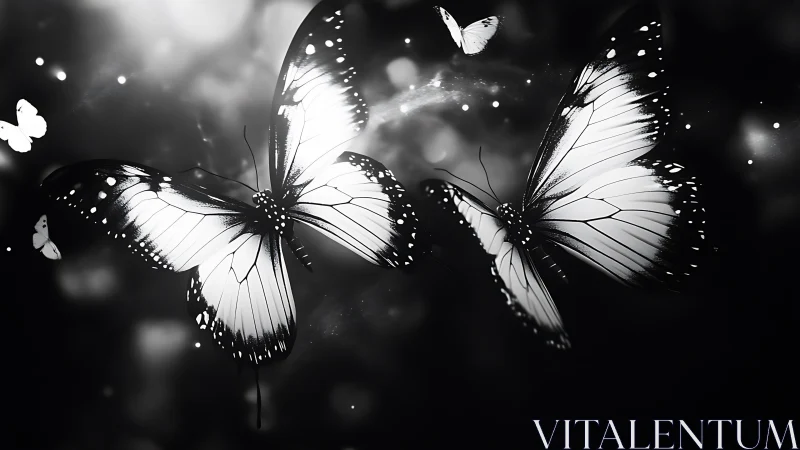 Monochrome butterflies in luminous abstract night space.