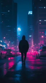 Hooded figure walks neon city street under moody night glow