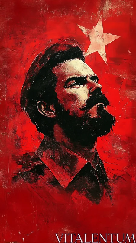 Revolutionary portrait rises beneath a stark white star.