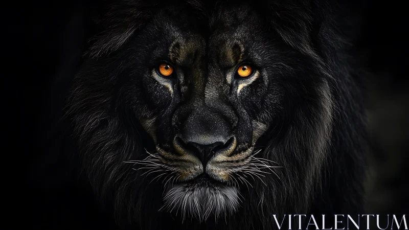 Low key digital lion portrait with luminous amber irises.