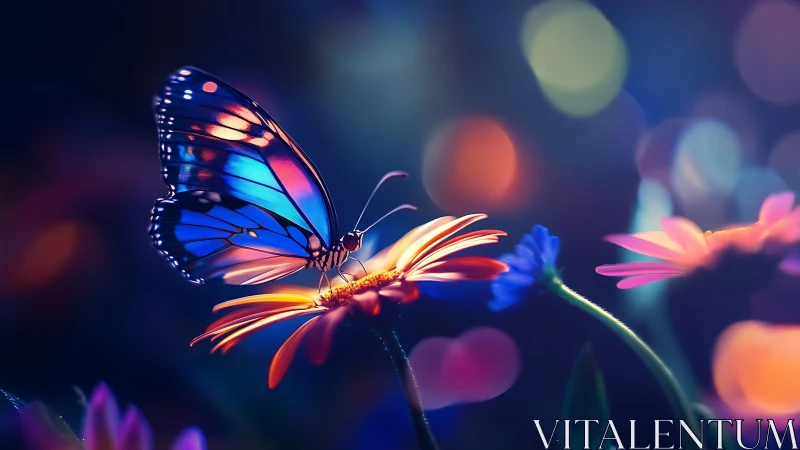 Luminous butterfly poised on neon daisy under bokeh dusk.