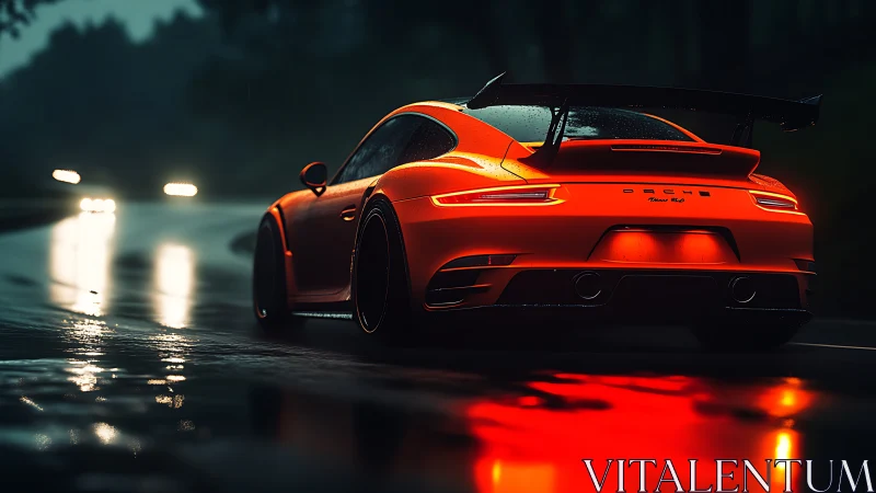 Orange sports car speeding on wet night highway in rain.