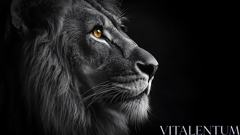 Close-up lion profile in dramatic monochrome lighting.