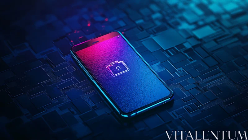 Neon-locked smartphone adrift in a glowing cyber grid.