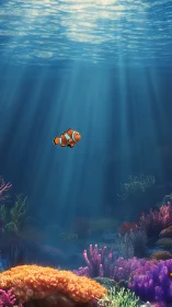 Digital painting of clownfish in vertical reef light shaft tableau.