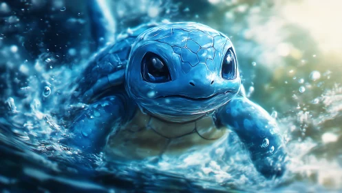 Blue baby turtle swims through bright splashing water.
