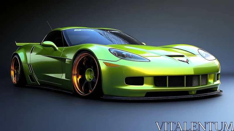 Lime green Corvette race car gleams under dramatic studio light