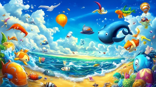 Flying cartoon sea creatures swirl above tropical shore.