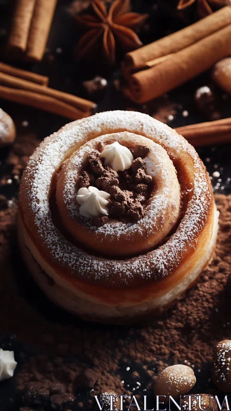 Chocolate spiral pastry with cocoa powder and cream topping.
