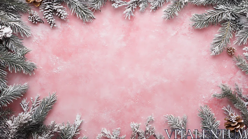 Frosted evergreen branches frame a softly glowing pink scene