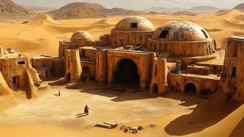 Desert outpost complex with domed sandstone structures.