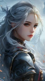 Silver haired warrior in ornate dark armor under diffuse sky light